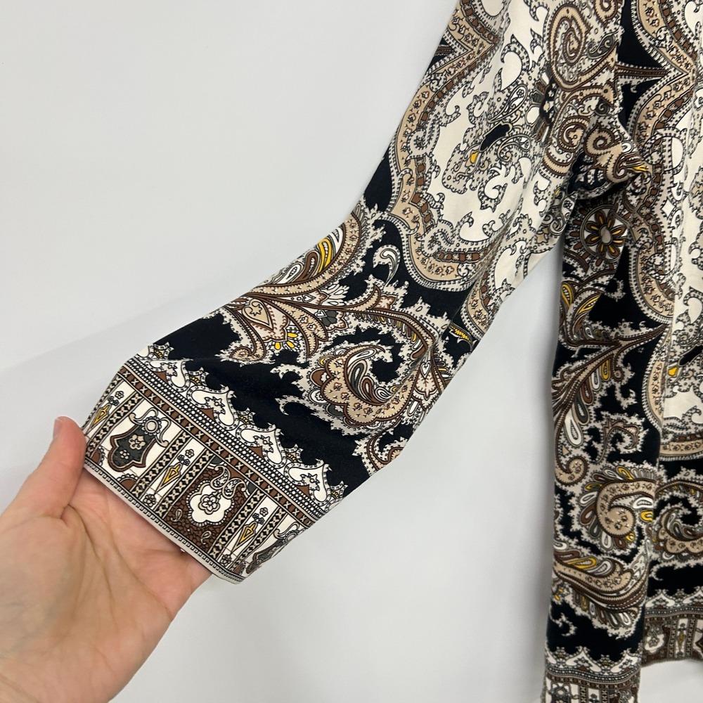 Paisley Medallion‎ Knit Top L Black Cream Scarf Print Boho Old Money Equestrian - Picture 2 of 9